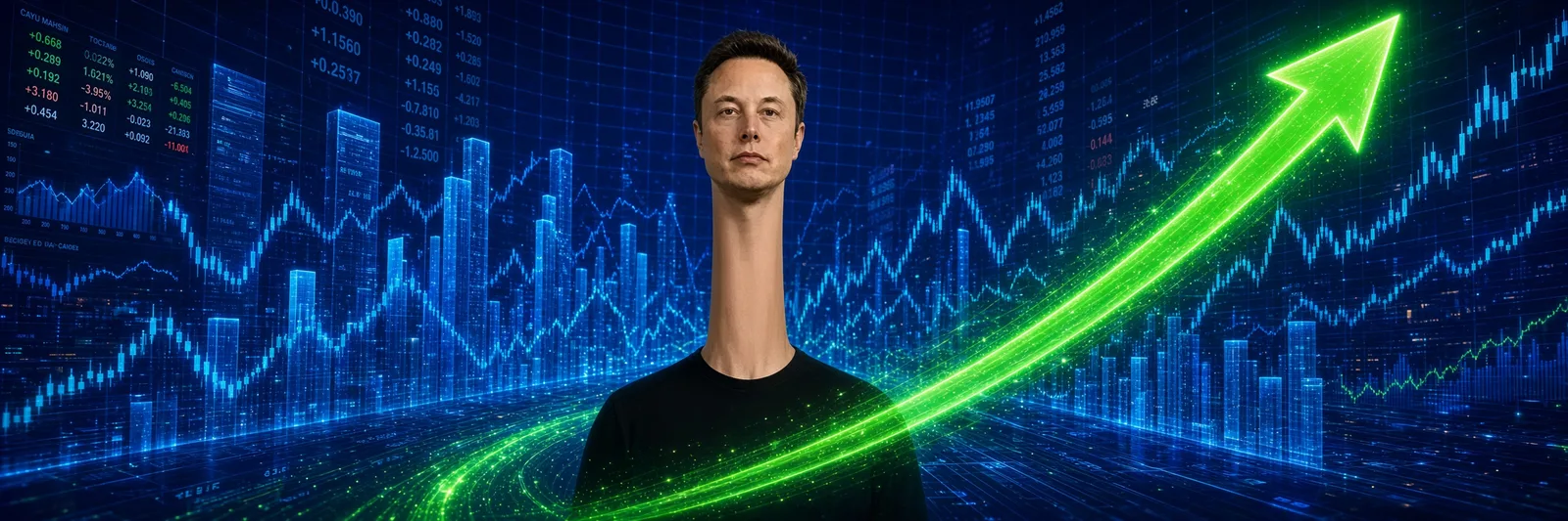 ELOOONG character with an extremely long neck in front of neon charts and a green up arrow